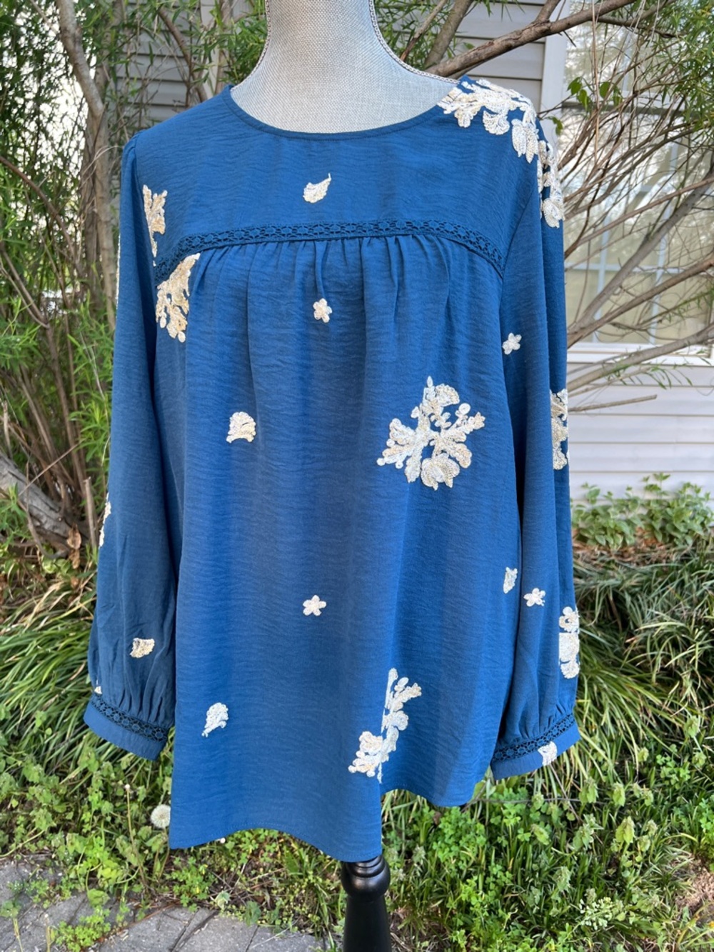 Hope Springs Blue Embroidered Long-Sleeve Women’s Top